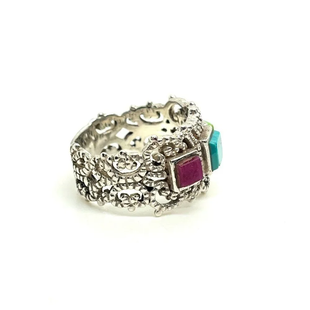 STERLING SILVER RING Multi Stone Inlay Wide Band Statement Boho Sz 8